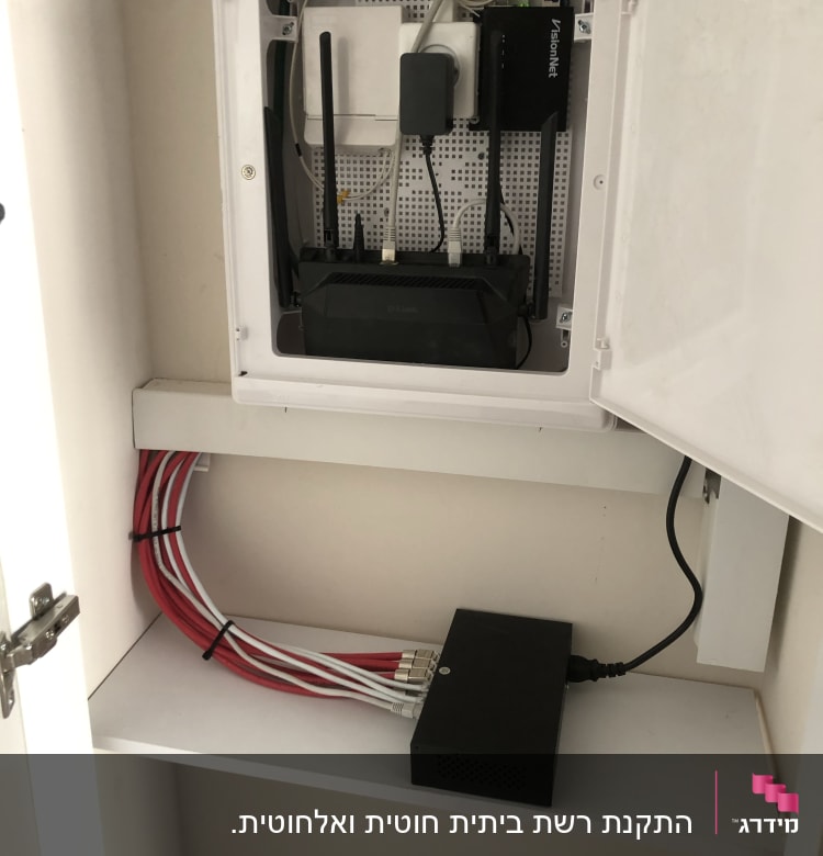 ארון תקשורת עם נתבים וכבלים אדומים ולבנים